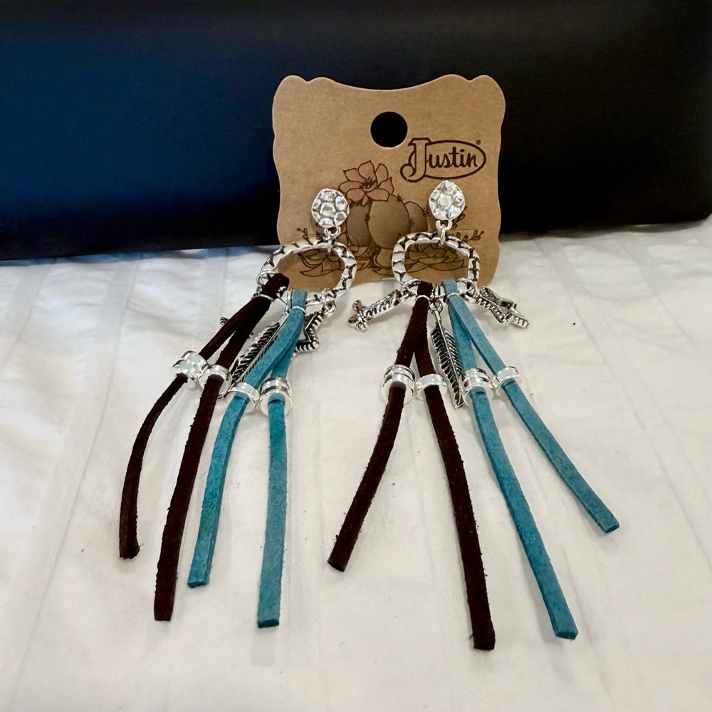 Justin Turquoise & Brown Fringe Dangle Earrings with Boots, Stars& Feather